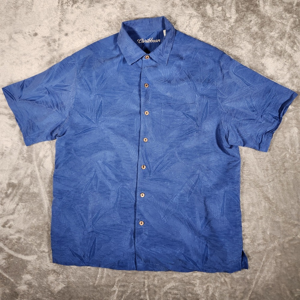 Caribbean Shirt Mens XL Blue Tropical Leaf Jacquard Button-down EUC